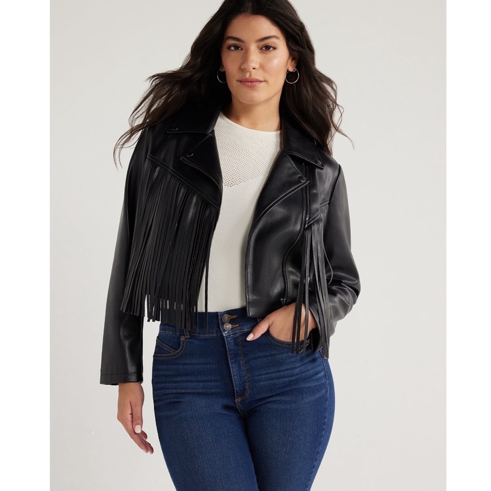 Sofia Vergara Women's Faux Leather Asymmetrical Zip Cropped Fringe Jacket NWT